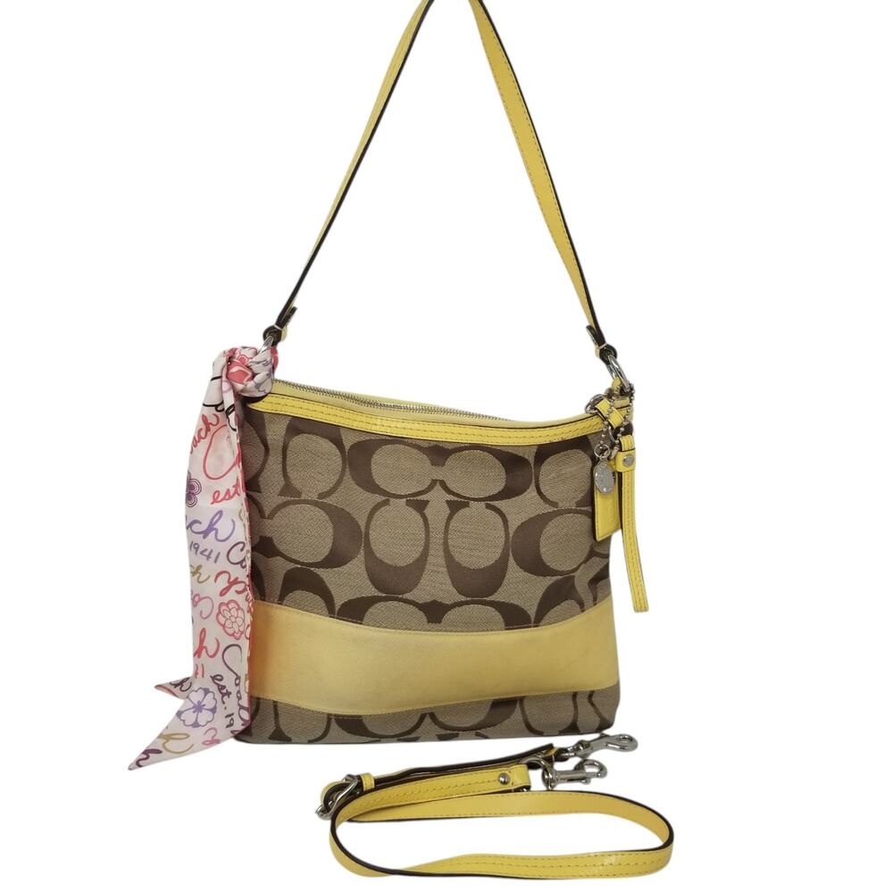Coach Khaki Yellow Signature Logo Canvas Purse Handbag A1073-F13674 Crossbody